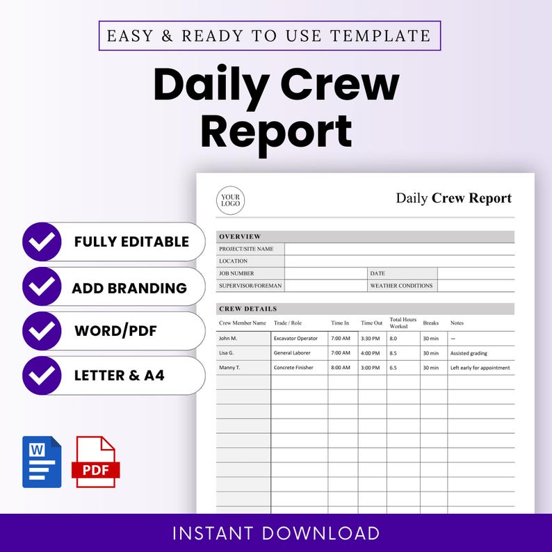 Daily Crew Report Template – Word & PDF, A4 + US Letter - Etsy