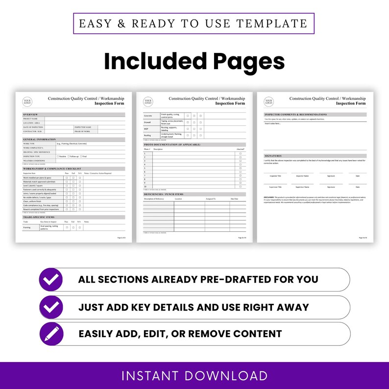 Preview of three fully formatted pages from the Construction Quality Control / Workmanship Inspection Form, highlighting inspection checklist, deficiency tracking, and signature areas.