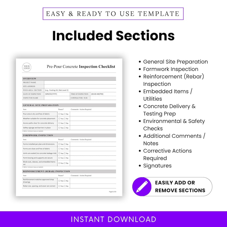Pre-pour Concrete Inspection Checklist Template – Word & PDF, A4 + US ...