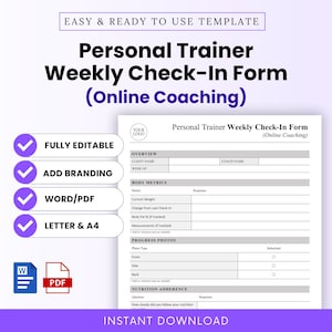 Pode incluir: Um modelo branco de formulário de check-in semanal para personal trainer com o texto "Personal Trainer Weekly Check-In Form (Online Coaching)". O formulário inclui seções para informações do cliente, métricas corporais, fotos de progresso e adesão nutricional. O modelo é totalmente editável.