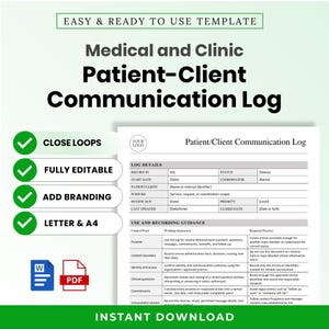 May include: A digital template for a Medical and Clinic Patient-Client Communication Log. The document includes sections for log details, record ID, status, start date, coordinator, patient name, purpose, review due, priority, and guidance instructions.