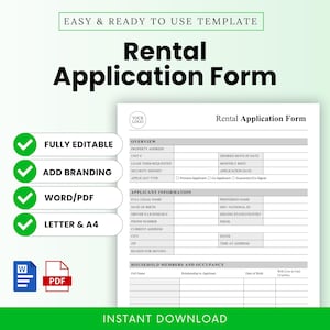 May include: A white and gray rental application form template with the title "Rental Application Form" in bold black letters. The form includes sections for applicant information and household members. The image also includes the text "Easy & Ready to Use Template" and "Instant Download".