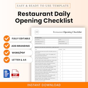 Könnte beinhalten: Eine druckbare Restaurant-Tägliche-Öffnungs-Checkliste-Vorlage. Das Dokument enthält Abschnitte für Übersicht, Aufgaben im Servicebereich und Notizen. Enthält Optionen für 'Vollständig bearbeitbar', 'Branding hinzufügen', 'Word/PDF' und 'Letter & A4'. Sofortiger Download.