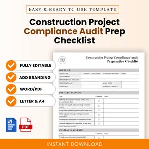 Könnte beinhalten: Eine Vorlage für eine Checkliste zur Vorbereitung auf die Bauprojekt-Compliance-Audit. Das Dokument enthält Abschnitte für Übersicht, Vor-Audit-Planung sowie Verträge und Genehmigungen. Merkmale sind voll editierbar, Branding hinzufügen, Word/PDF und A4.