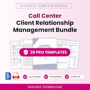 Puede incluir: Un paquete digital de 20 plantillas profesionales de gestión de relaciones con clientes para centros de llamadas. Los documentos incluyen un paquete de bienvenida, lista de verificación y formularios. Disponibles en formato Word y PDF.