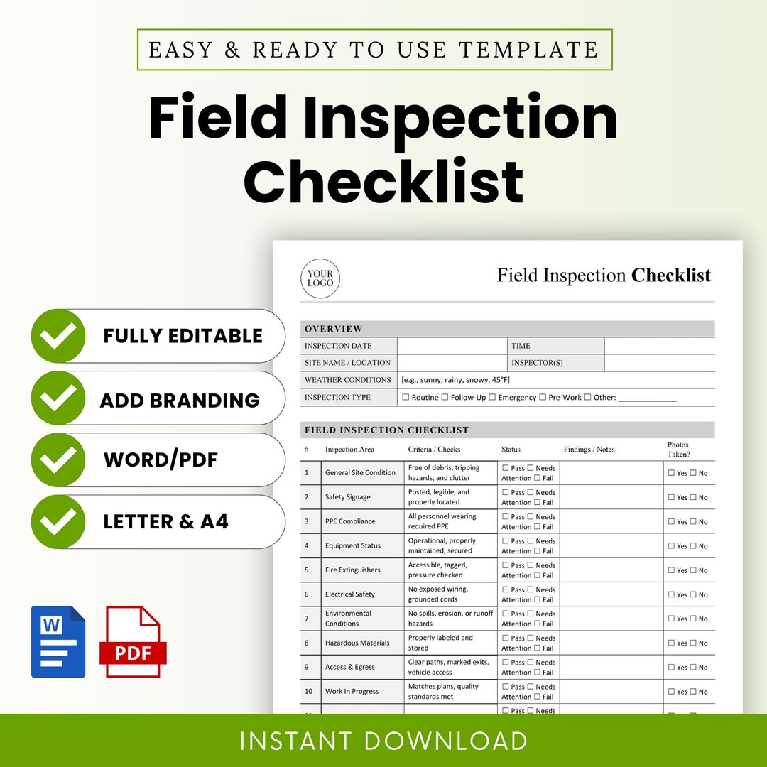 Field Inspection Checklist Template – Word & PDF, A4 + US Letter - Etsy UK