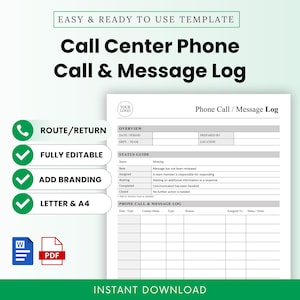 Call Center Phone Call and Message Log Template – Word & PDF, A4 + US Letter