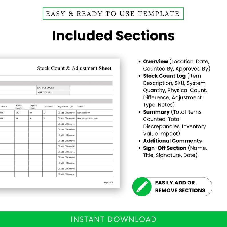 Simple Stock Count and Adjustment Sheet Template – Word & PDF, A4 + US ...