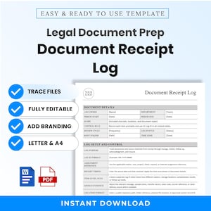May include: A digital template for a Legal Document Prep Document Receipt Log. The document features sections for Document Details and Log Setup and Control, with fields for log owner, department, period, and specific tracking rules for document management.