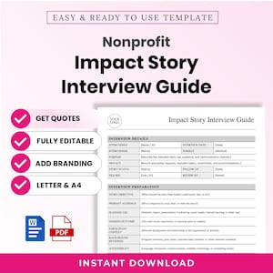 Op de afbeelding: Een digitaal sjabloon getiteld Nonprofit Impact Story Interview Guide. Het document bevat secties voor interviewdetails en voorbereiding, inclusief velden voor geïnterviewde, interviewer, doel en verhaaldoelstellingen. Bevat Word- en PDF-pictogrammen.