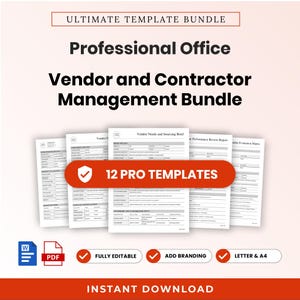 Może przedstawiać: Cyfrowy pakiet dokumentów zatytułowany Ultimate Template Bundle Professional Office Vendor and Contractor Management Bundle, zawierający 12 profesjonalnych szablonów, ikony Word i PDF oraz etykiety w pełni edytowalne, dodaj branding, letter i A4.