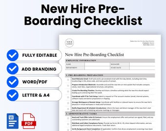 May include: A white document titled "New Hire Pre-Boarding Checklist" with blue checkmarks and text boxes. The document includes sections for employee information and pre-boarding preparation tasks. The words "Fully Editable," "Add Branding," "Word/PDF," and "Letter & A4" are also visible.