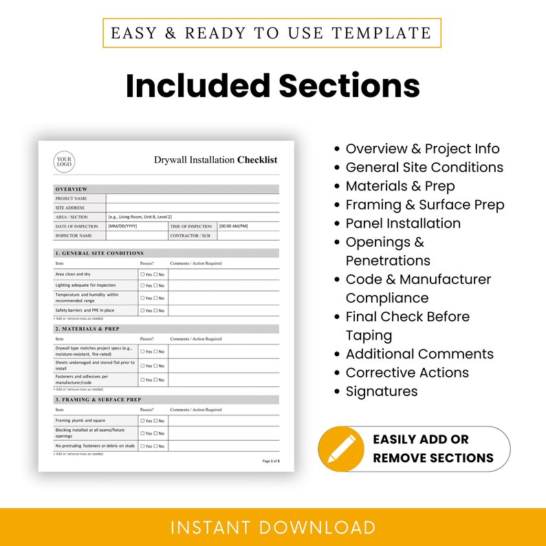 Pre Drywall Checklist.pdf Drywall Installation Checklist Template – Word & PDF, A4 + US Letter - Etsy