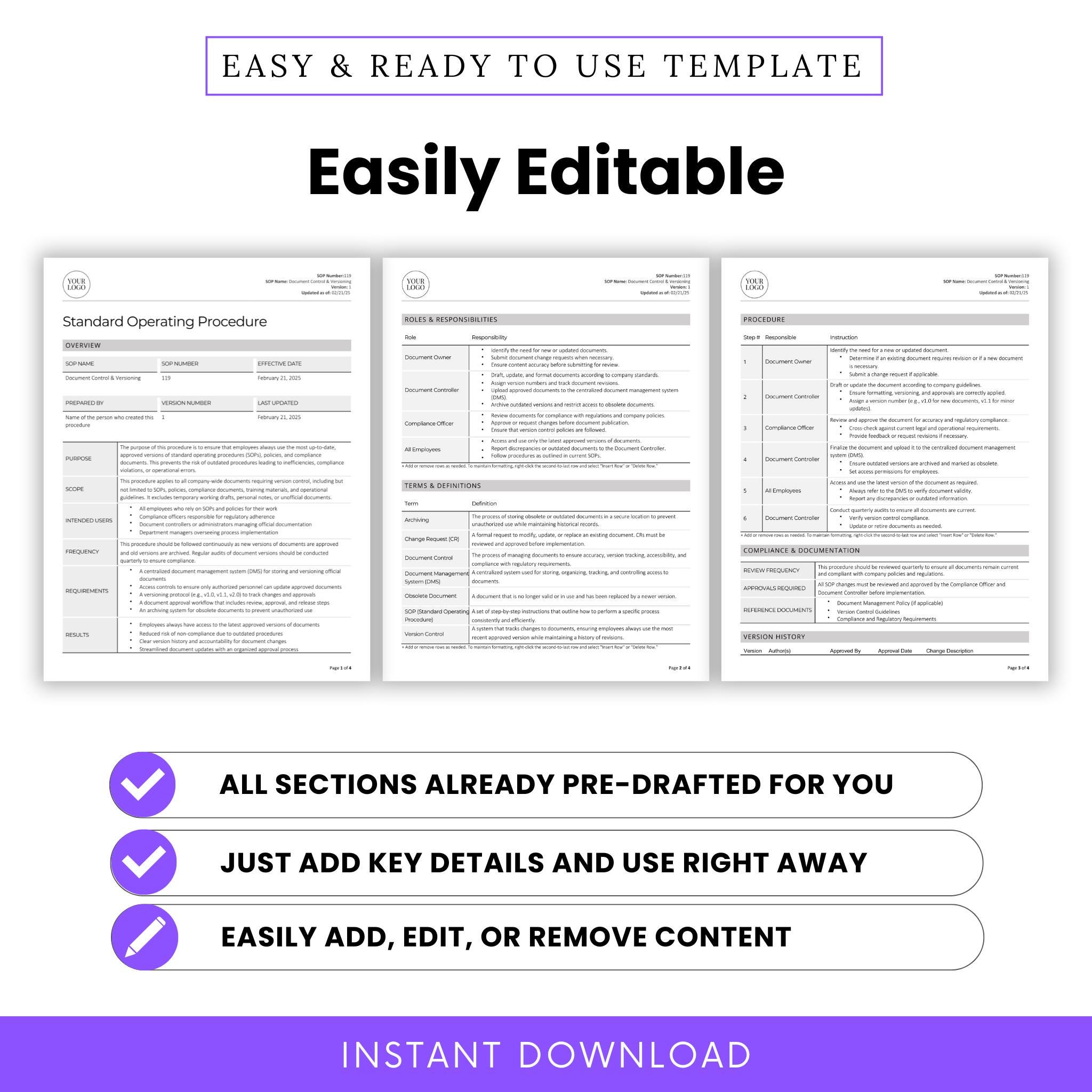 Document Control & Versioning SOP Template (word, PDF) | Simple ...
