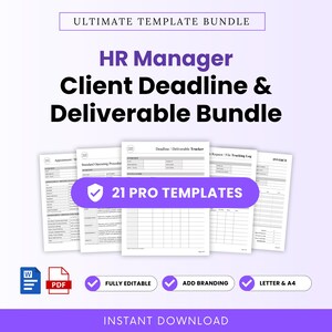 May include: A digital template bundle featuring the text Ultimate Template Bundle, HR Manager Client Deadline & Deliverable Bundle, and 21 Pro Templates. Includes document icons for Word and PDF, with labels for Fully Editable, Add Branding, Letter & A4.