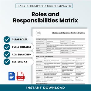 Könnte beinhalten: Eine digitale Vorlage für eine Matrix der Rollen und Verantwortlichkeiten mit Abschnitten für Matrixdetails, Anweisungen zur Verwendung der Matrix und ein Rollenverzeichnis. Das Dokument enthält Platzhalter für Branding und ist in den Formaten A4 und Letter verfügbar.