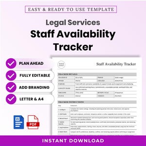 May include: A digital template for a Legal Services Staff Availability Tracker featuring a document with sections for tracker details and instructions. The layout includes placeholders for logo, ID, period, owner, and status, with Word and PDF icons.