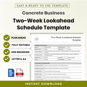 May include: A digital template for a two-week lookahead schedule, featuring sections for project details and planning parameters. The document includes fields for project name, scope summary, and planning basis, with icons for Word and PDF formats.