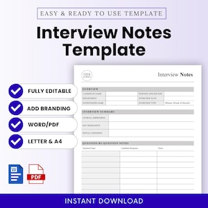 Puede incluir: Una plantilla de notas de entrevista blanca con un borde púrpura. La plantilla incluye secciones para la descripción general, el resumen de la entrevista y las notas pregunta por pregunta. Las características incluyen totalmente editable, agregar marca, Word/PDF y A4.