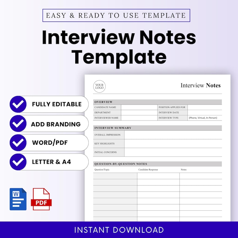 Interview Notes Template – Word & PDF, A4 + US Letter - Etsy