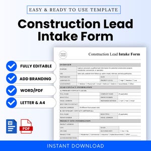 Könnte beinhalten: Eine druckbare Vorlage für ein Bau-Lead-Aufnahmeformular. Das Formular enthält Abschnitte für Lead-Kontaktinformationen, Projektdetails und Prioritätsstufe. Es ist vollständig editierbar, ermöglicht Branding und ist in Word/PDF-Formaten verfügbar.