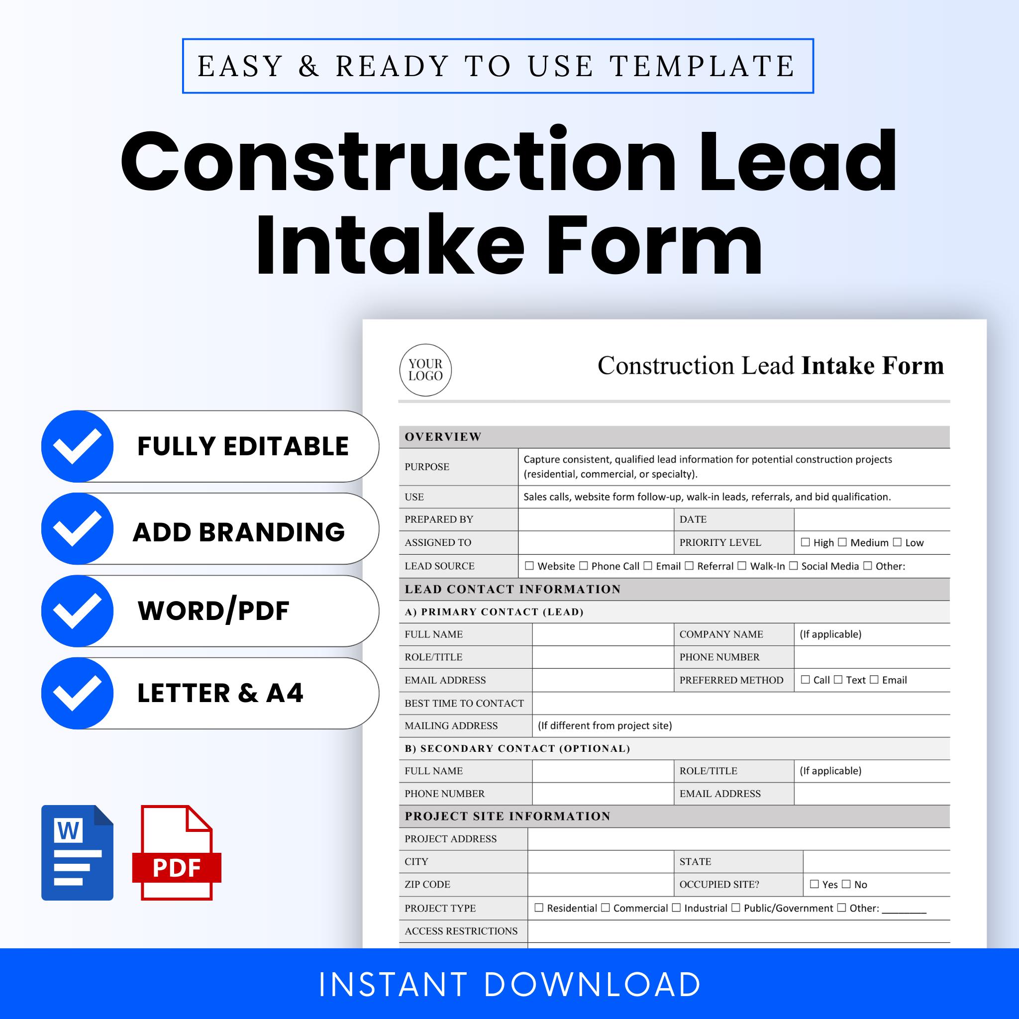 Construction Lead Intake Form Template – Word & PDF, A4 + US Letter - Etsy