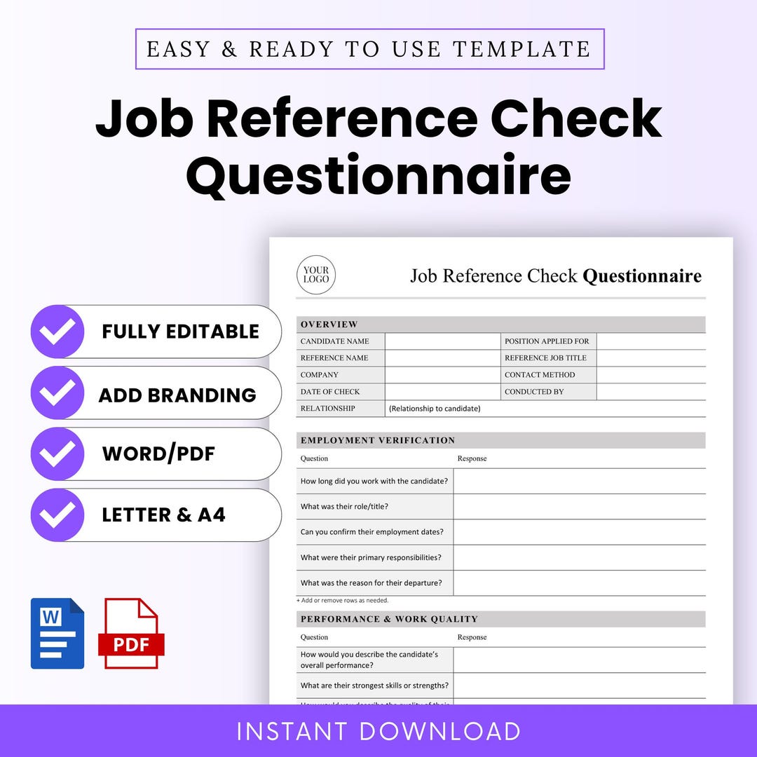 Reference Questionnaire Format Job Reference Check Questionnaire Template – Word & PDF, A4 + US Letter ...