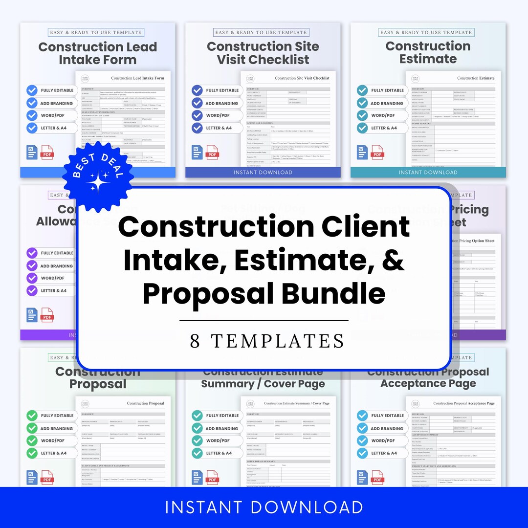 Construction Client Intake, Estimate, and Proposal Templates Bundle ...