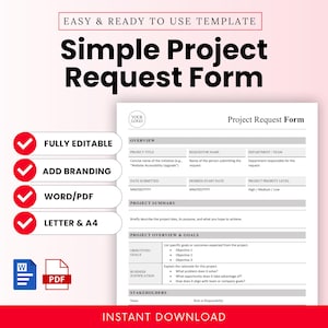Może przedstawiać: Szablon prostego formularza wniosku o projekt o przejrzystym, profesjonalnym wyglądzie. Formularz zawiera sekcje dotyczące tytułu projektu, przeglądu, celów i informacji o interesariuszach. W pełni edytowalne, opcje brandingu i formaty Word/PDF.