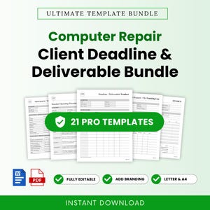 May include: A digital template bundle for computer repair businesses featuring the text Ultimate Template Bundle, Computer Repair Client Deadline & Deliverable Bundle, and 21 Pro Templates. Includes Word and PDF icons, plus editable document previews.
