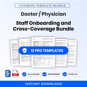 Op de afbeelding: Een digitale bundel met 12 professionele sjablonen voor het onboarden van artsen en medisch personeel en voor cross-coverage. De documenten bevatten checklists en matrices in Word- en PDF-formaat, met de tekst "Ultimate Template Bundle".