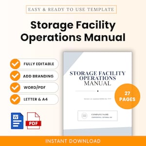 Può includere: Un modello digitale per un manuale operativo di una struttura di stoccaggio. La copertina del documento riporta il titolo, uno spazio per il nome dell'azienda e un totale di 27 pagine. Le icone indicano che è modificabile in formato Word e PDF.
