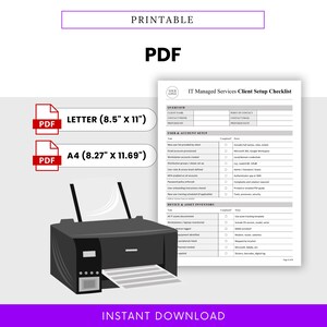 Printer mockup showing the IT setup checklist available as a printable PDF in US Letter and A4 sizes. Designed for tech teams that need both digital and hard copy formats for client documentation.