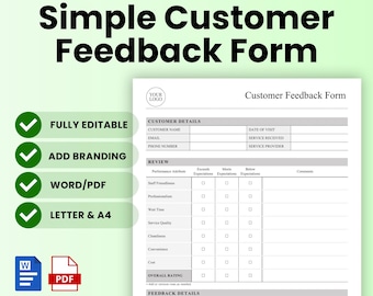 Simple Customer Feedback Form Template (Word, PDF) | Customer Survey Template, Client Satisfaction Form, Customer Satisfaction Form