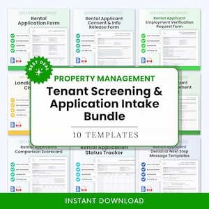 May include: A bundle of 10 property management templates for tenant screening and application intake. The templates include forms for rental applications, consent, employment verification, and more. The text "Tenant Screening & Application Intake Bundle" is displayed in large, bold font.