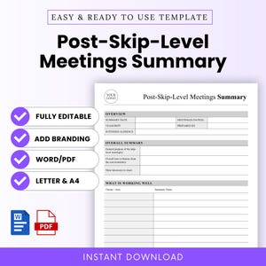 May include: A white document template titled "Post-Skip-Level Meetings Summary" with sections for overview, overall summary, and notes. Features include "Fully Editable," "Add Branding," and "Word/PDF" options. The template is ready to use.