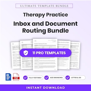 Puede incluir: Un paquete digital de 11 plantillas para la gestión de bandejas de entrada y documentos en terapia. Los documentos blancos con texto negro muestran una franja morada que dice 11 PRO TEMPLATES. Incluye iconos de Word y PDF.