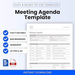 Meeting Agenda Template (Word, PDF) | Simple Meeting Notes Agenda Template | Admin HR Business Document | Printable Meeting Minutes