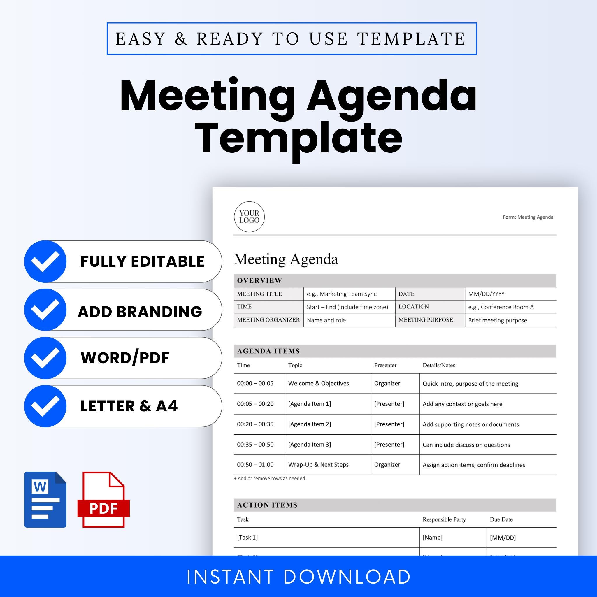 Meeting Agenda Template (word, PDF) | Simple Meeting Notes Agenda Template  | Admin HR Business Document | Printable Meeting Minutes - Etsy, image size:2048x2048