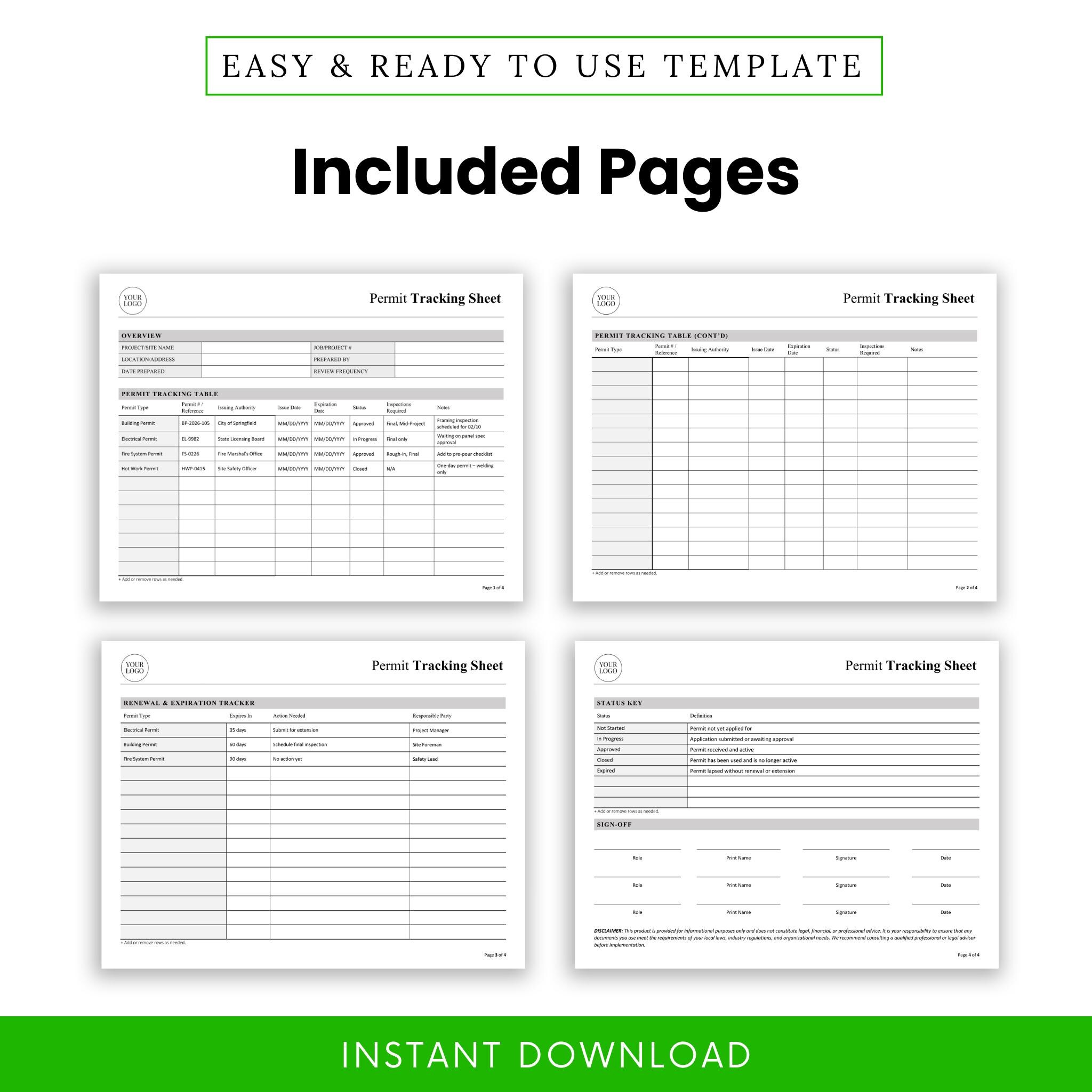 Construction Permit Tracking Sheet Template – Word & PDF, A4 + US ...