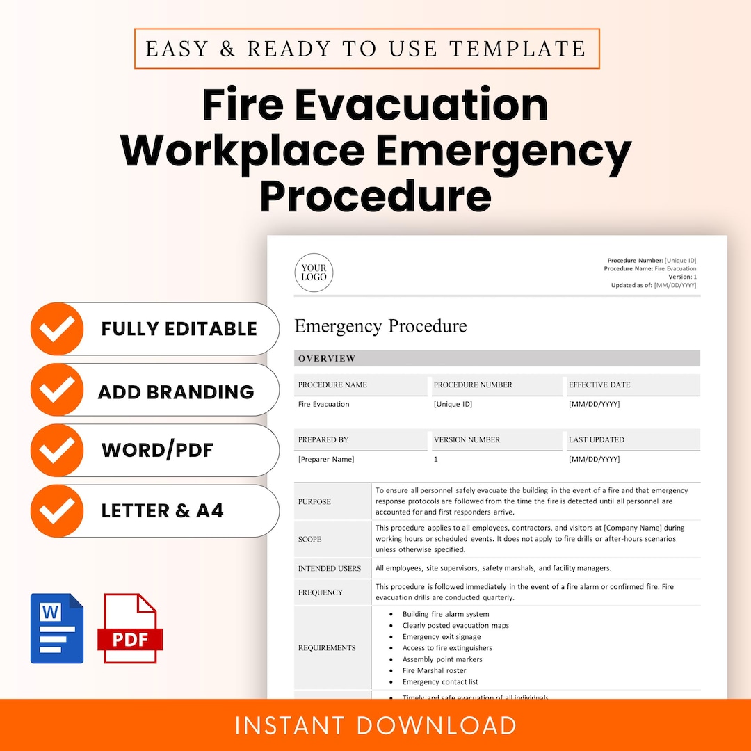 Fire Evacuation Workplace Emergency Procedure Template – Word & PDF, A4 ...