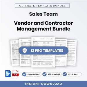 May include: A digital document bundle titled Ultimate Template Bundle, Sales Team, Vendor and Contractor Management Bundle, featuring 12 pro templates with a shield icon, plus Word and PDF icons, and labels for fully editable, add branding, letter and A4.