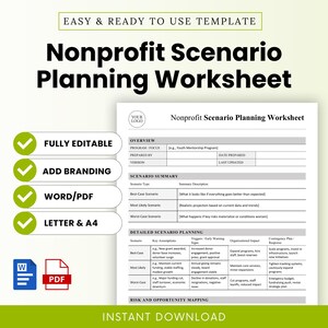 May include: A white and green Nonprofit Scenario Planning Worksheet template. The document includes sections for overview, scenario summary, and detailed scenario planning. Text on the image includes "Fully Editable," "Add Branding," "Word/PDF," and "Letter & A4."