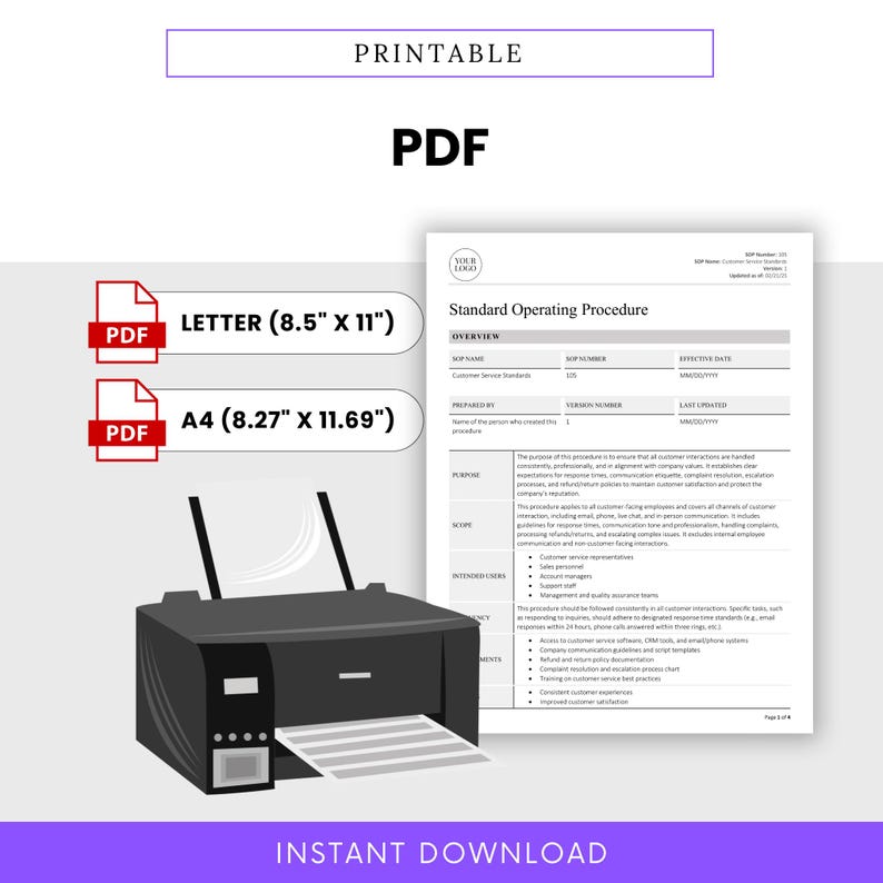 Printable PDF customer service SOP form with professional formatting. Available in A4 and US Letter sizes for easy sharing and documentation in business settings.