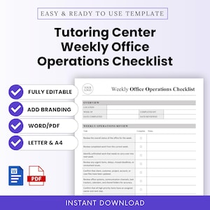 Peut inclure: Un modèle numérique pour une liste de contrôle des opérations hebdomadaires d'un centre de tutorat. Le document comprend des sections pour le lieu, les dates et un tableau de revue des opérations avec tâches, cases à cocher et notes. Icônes Word et PDF.
