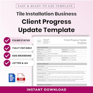 Pode incluir: Um modelo digital para um relatório de progresso de clientes de uma empresa de instalação de azulejos. O documento inclui seções para detalhes de atualização, mensagens ao cliente e status geral, com espaços para marca e datas.