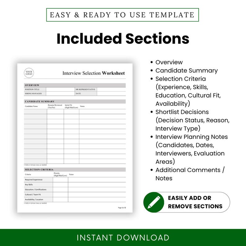 Interview Selection Worksheet Template – Word & PDF, A4 + US Letter ...