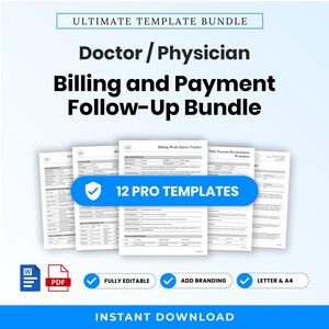 Peut inclure: Un ensemble numérique de 12 modèles professionnels pour le suivi de la facturation et des paiements des médecins. Le lot comprend des documents pour le suivi des files d'attente de facturation et la réconciliation des paiements, en formats Word et PDF.