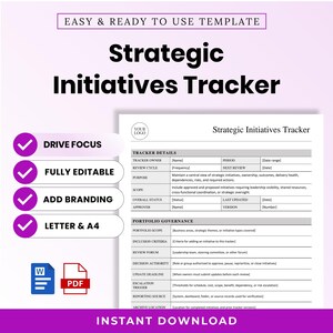 Könnte beinhalten: Eine digitale Vorlage für einen Strategic Initiatives Tracker mit Abschnitten für Tracker-Details und Portfolio-Governance. Das Dokument enthält Platzhalter für Eigentümer, Zeitraum, Überprüfungszyklus und Status. Word- und PDF-Symbole sind sichtbar.