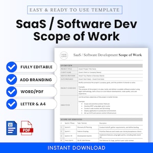 Pode incluir: Um modelo branco de Escopo de Trabalho de Desenvolvimento de Software / SaaS com o texto "EASY & READY TO USE TEMPLATE" na parte superior. O documento inclui seções para o título do projeto, nome do cliente e provedor de serviços. Os recursos incluem "FULLY EDITABLE" e "ADD BRANDING".